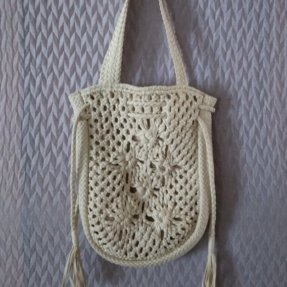 Macrame Boho Ivory Cream Large Shoulder Bag - Picture 1 of 5
